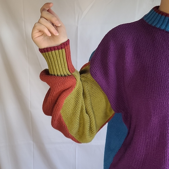 Vintage Color Block Mock Neck 100% Cotton Knit Sweater - Picture 4 of 6